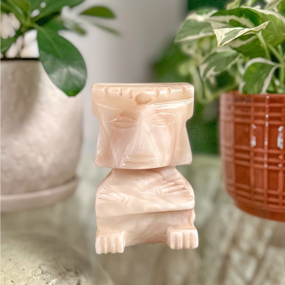 Vintage Hand Carved Agate Onyx Marble Stone Aztec Figural Bookend